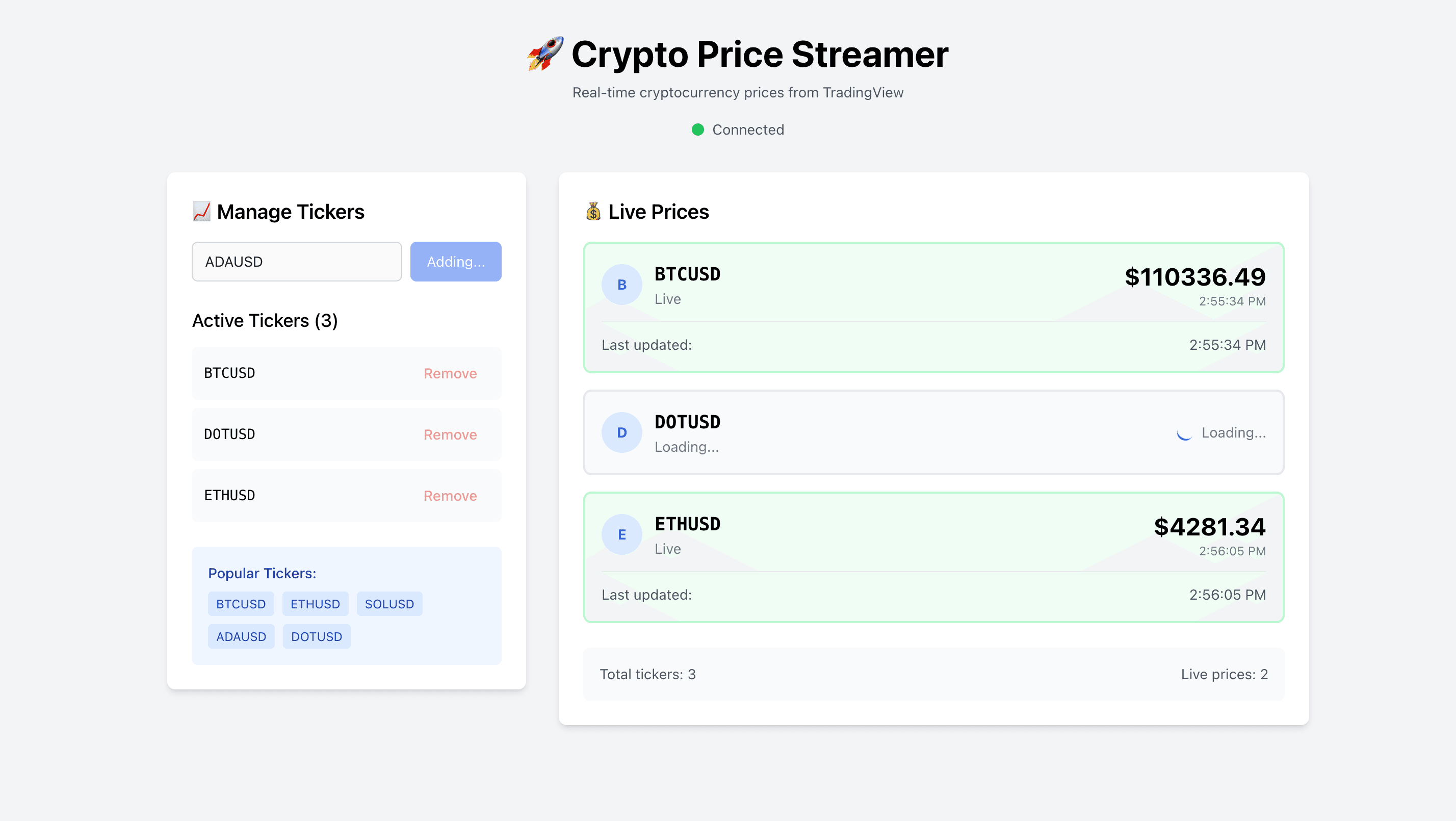 Crypto Price Streamer project screenshot
